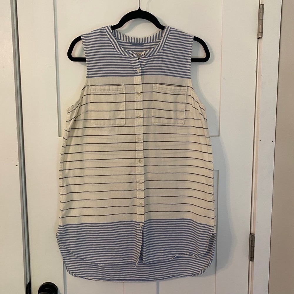Womens Blue White Striped Sleeveless Button Down Cotton Tunic L Coastal Beach